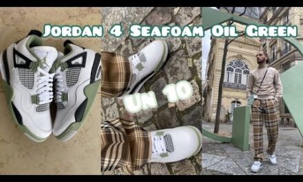 Air Jordan 4 Seafoam Oil Green unboxing presentation on feet