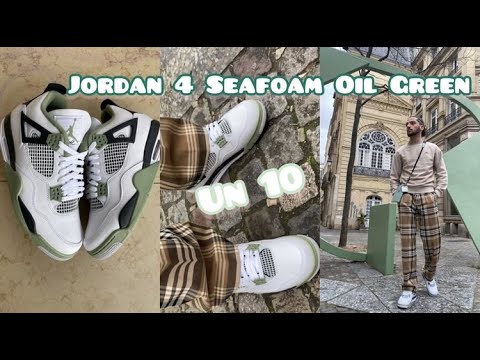 Air Jordan 4 Seafoam Oil Green unboxing presentation on feet