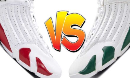 Air Jordan 14 Candy Cane vs Forest Green Comparison