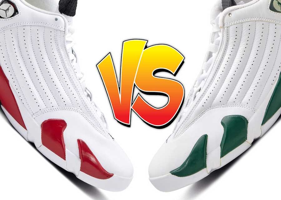 Air Jordan 14 Candy Cane vs Forest Green Comparison